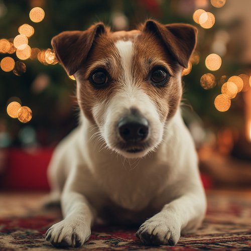 Jack Russell Terrier in front of Christmas Tree.